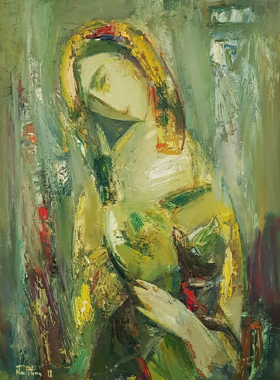 Girl with cat(45x60cm, oil painting, ready to hang)