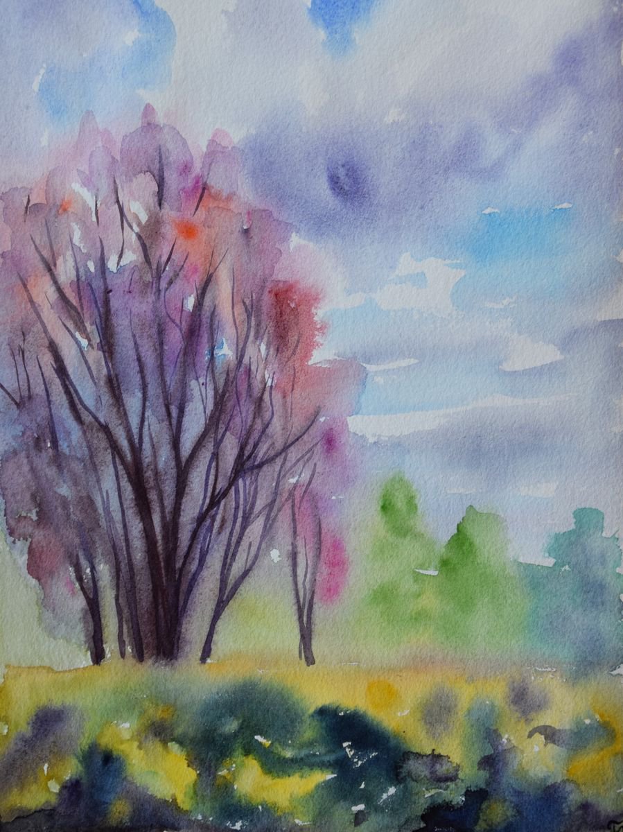 Spring blooming trees original watercolor painting by Kate Grishakova
