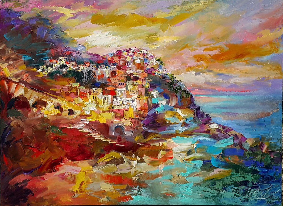 Expressive Landscape Oil Painting By Viktoria Lapteva, 37 X 28", Manarola Evening Riomaggiore Province, Original Artwork