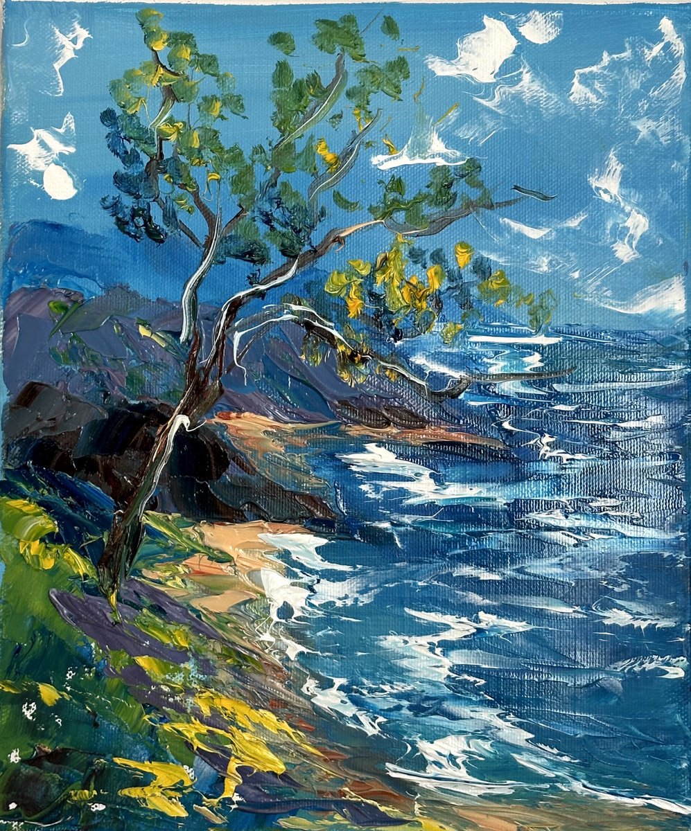 Impressionistic Landscape Oil Painting By Oksana Fedorova, 10 X 12", Tree On The Hill Seascape, Original Artwork