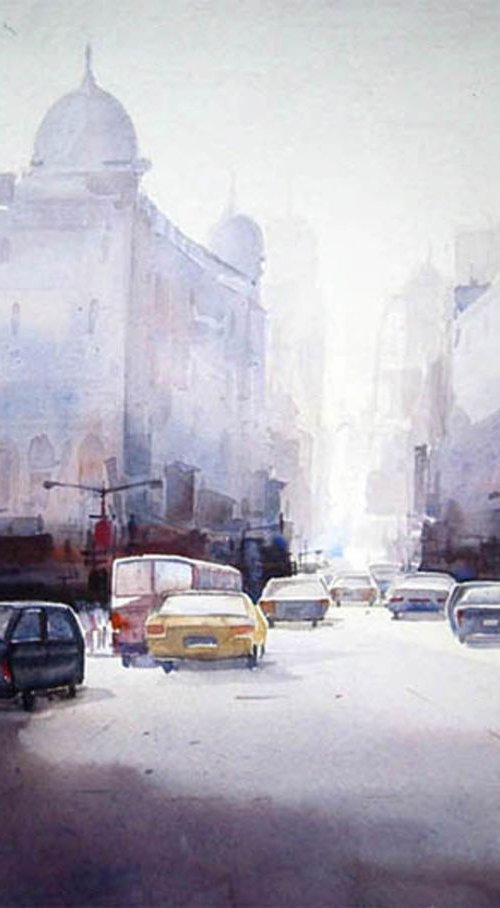 Morning City Street - Watercolor Painting by Samiran Sarkar