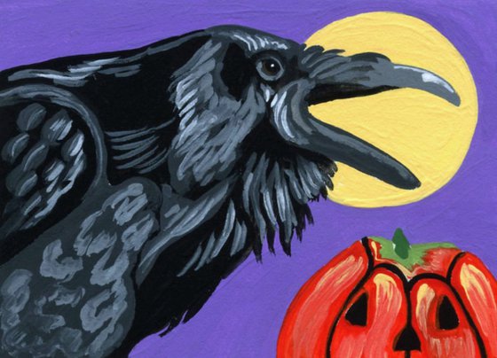 ACEO ATC Original Miniature Painting Halloween Crow Raven Pumpkin Art-Carla Smale