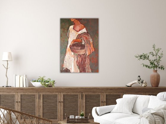 Alone among roses shrubs - Figurative Woman Painting on Canvas