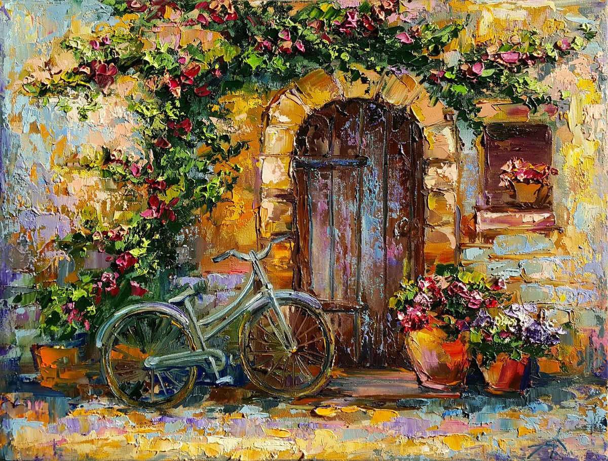 Painting oil Cozy patio original impasto artwork by Anastasia Kozorez