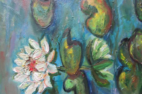 Water Lilies in a Pond, Water Flower Landscape, Water Plants Canvas Art, Turquoise Romantic Nature, Original Monet Painting,Floating Lily Pad, Blue Abstract Painting,Palette Knife Art