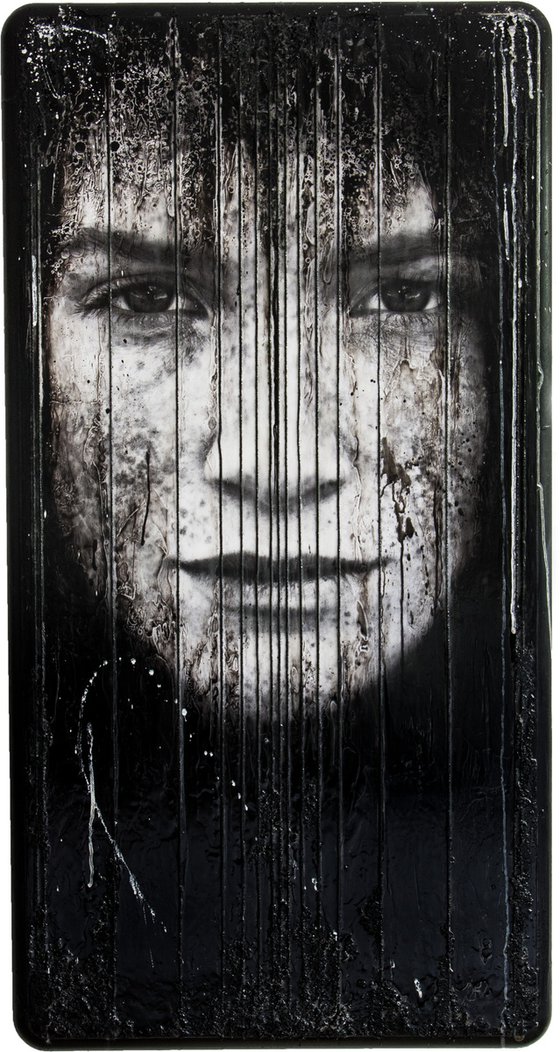 "Forever Changeless" (XXL artwork 125x65x2 cm) - Unique portrait artwork on old tabletop (abstract, portrait, original, resin, beeswax, painting)