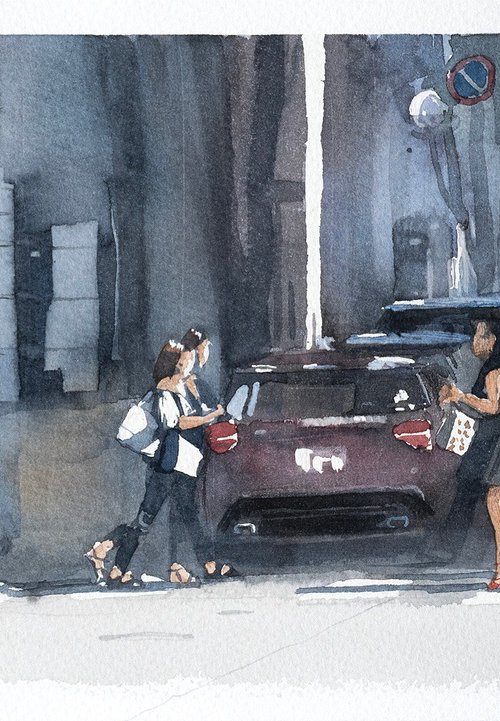 Pedestrians on Sunlit Sidewalk in Kobe by Masato Watanabe