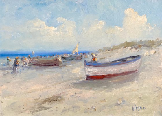 Boats on the Shore, Original oil Painting, Handmade artwork, Signed, One of a Kind