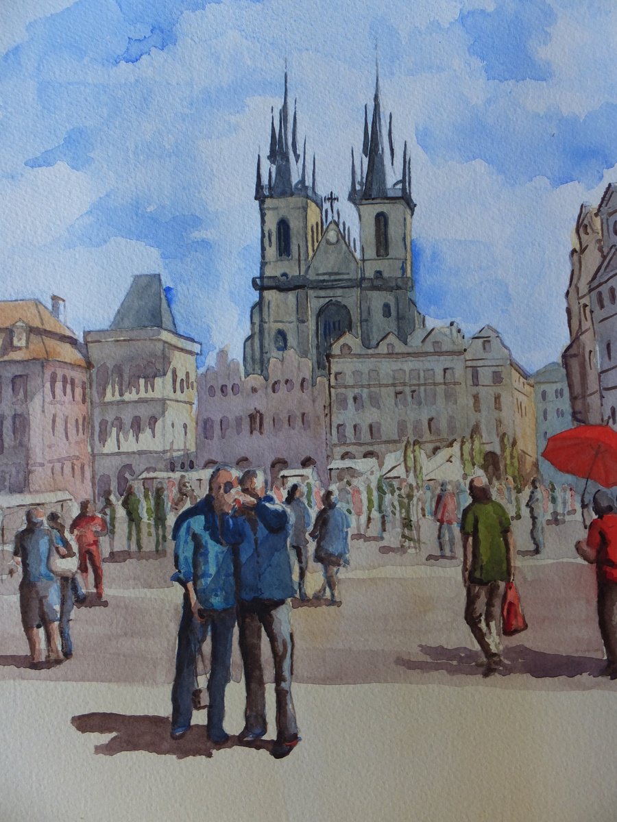 Photorealistic Cityscapes Watercolour By David Harmer, 15 X 19, Old Town Square, Prague, Original Artwork