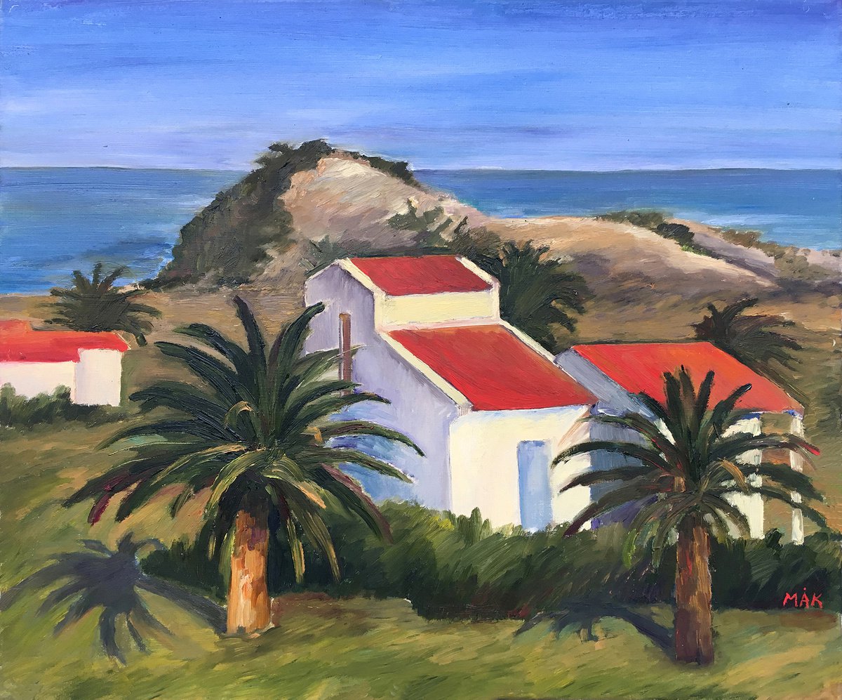 SPAIN. RED ROOFS - expressive landscape art with sea, sun, green palms and a Spanish house... by Irene Makarova