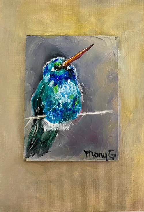 Broad-billed hummingbird oil painting  mounted on gessoed panelboard 5x7 by Mary Gullette