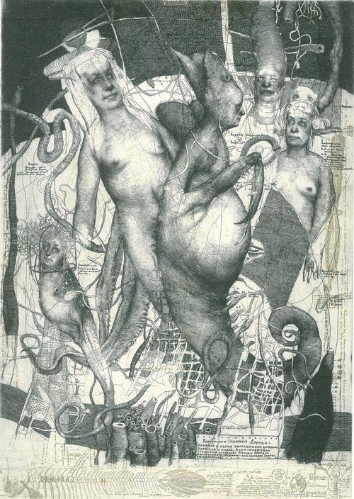 Nereus with Doris and Daughters. Etching. Mixed-media. Print. 2 plates by Konstantin Antioukhin