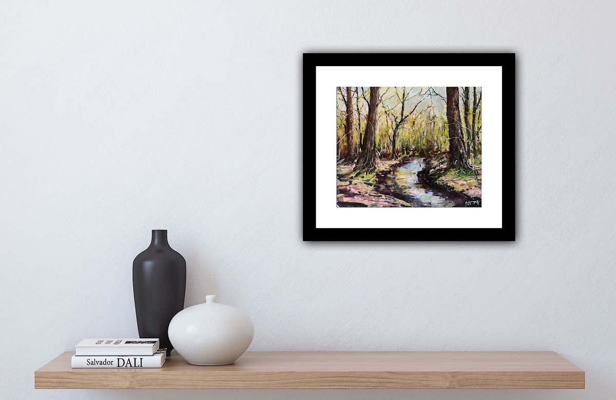 Impressionistic Landscape Pastel Drawing By Andrew Moodie, 12 X 10, Woodland Water, Original Artwork