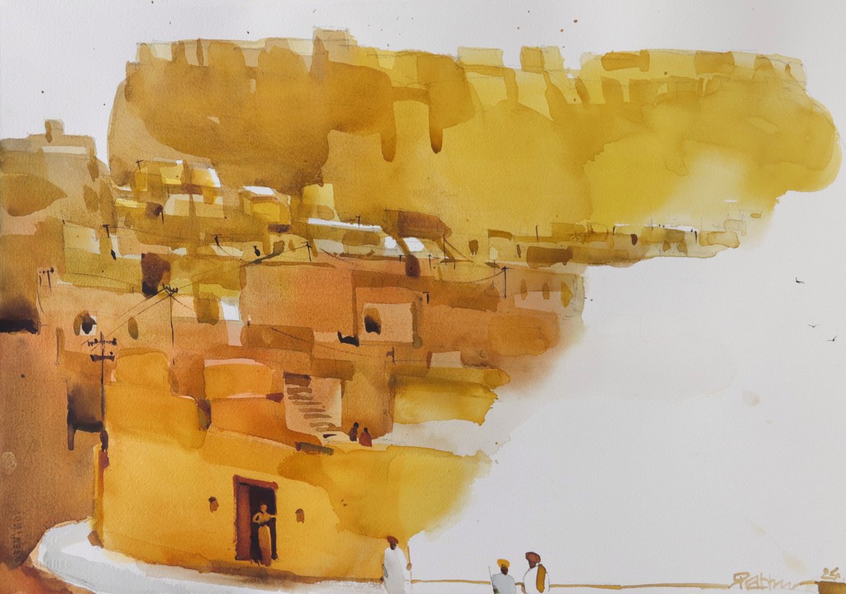Impressionistic Cityscapes Watercolour By Prashant Prabhu, 22 X 15", Just Outside The City Walls, Original Artwork