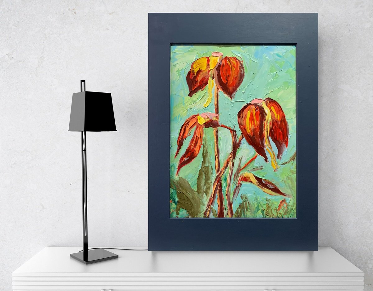 Impressionistic Botanical Oil Painting By Vita Schagen, 10 X 14", Orange Flowers In A Garden., Original Artwork