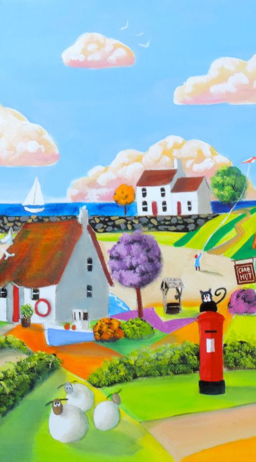 Fun at the seaside sheep & cow painting by Gordon Bruce