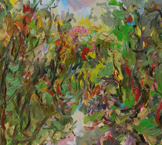 SUNNY DAY. MOSCOW LANDSCAPE - Original oil painting, plants, trees, autumn, river, green - plein air - gift