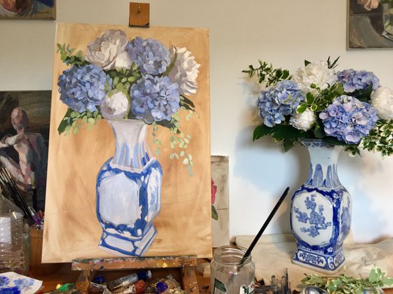 Blue Hydrangeas in Chinese vase