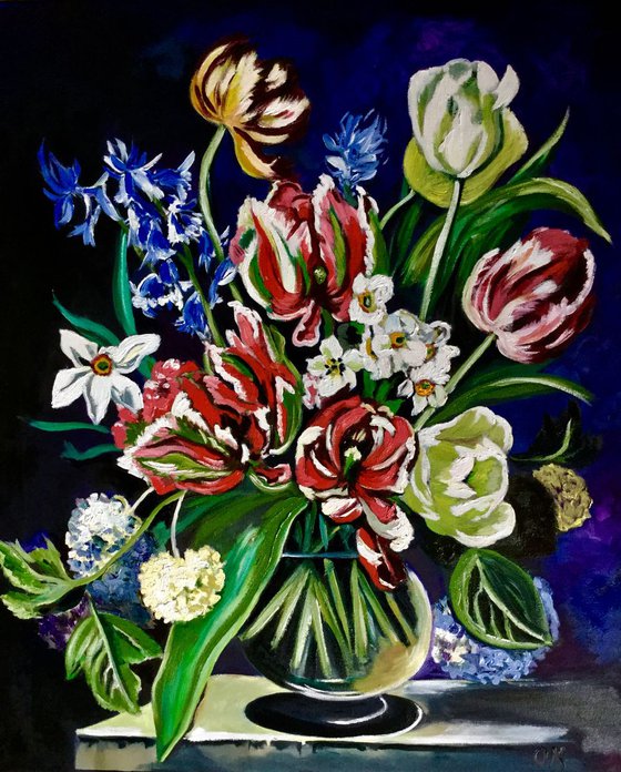 Bouquet of flowers.  Tulips, daffodils, bells in a vase.