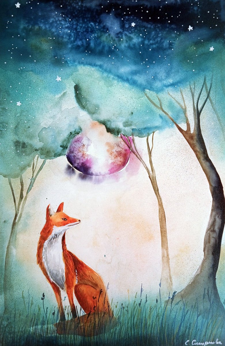 Surrealistic Animal Painting By Evgenia Smirnova, 15 X 22, Under The Cosmic Tree, Original Artwork