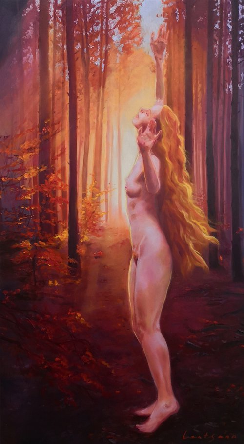 Dancing in the dawn. Forest Red-haired Nymph portrait by Jane Lantsman