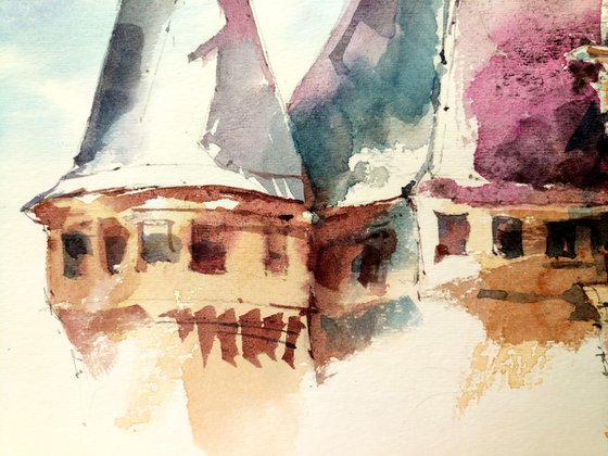 "Chateau d’Usse, France" architectural landscape - Original watercolor painting