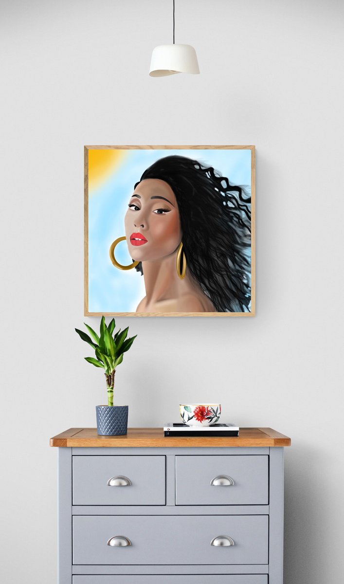 Illustrative Portrait Giclee Print By Sumit Mehndiratta, 30 X 30", Michaela At The Beach, Original Artwork