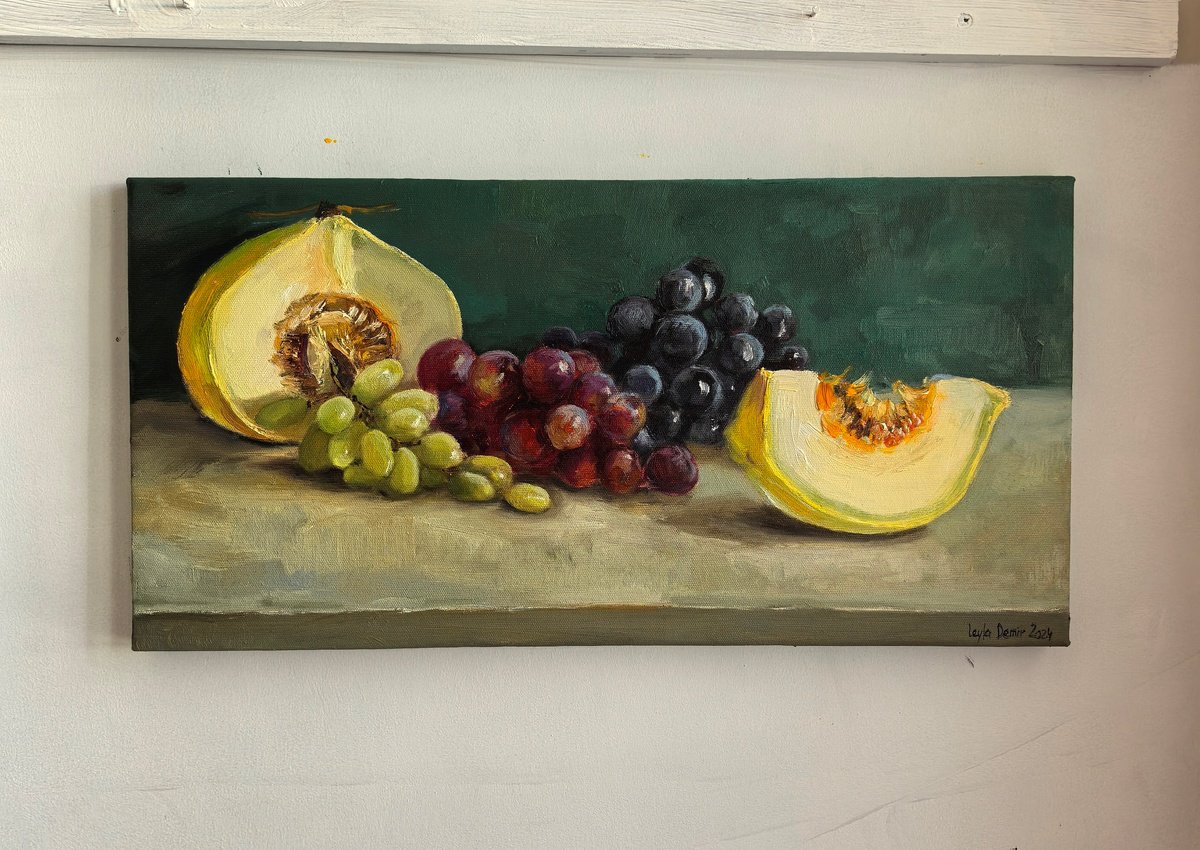 Impressionistic Still Life Oil Painting By Leyla Demir, 20 X 10", Grapes And Water Melon, Original Artwork