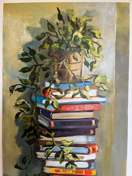 Still life with books and plants