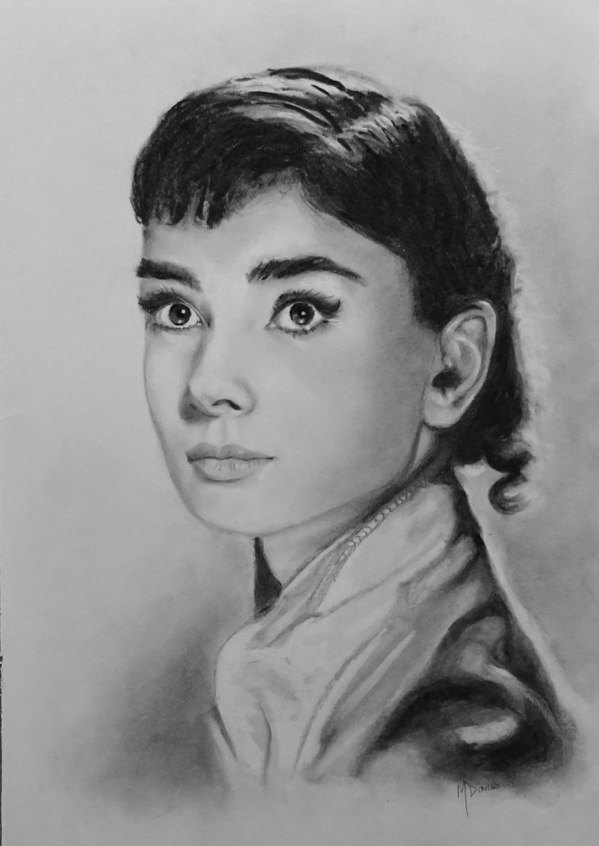 Photorealistic Portrait Charcoal Drawing By Mel Davies Original Art, 11 X 17", Audrey Hepburn, Original Artwork