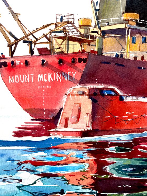 Vibrant red cargo ship