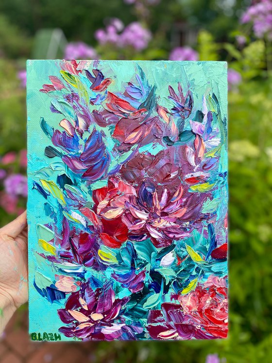 Petals - splashes of color, 25*35cm, impressionistic flowers oil painting with texture (a bit impasto)