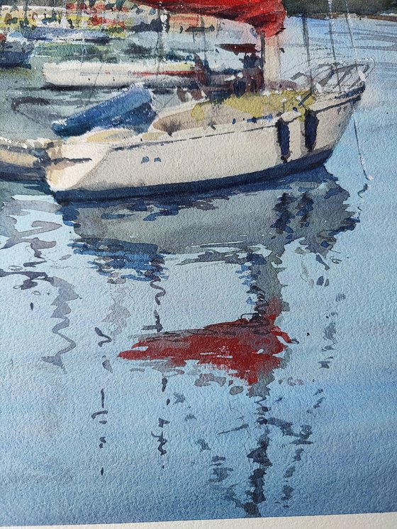 Croatia Opatija sailboat port watercolor painting (2023), Nautical wall art, Mediterranean Europe Impressionistic