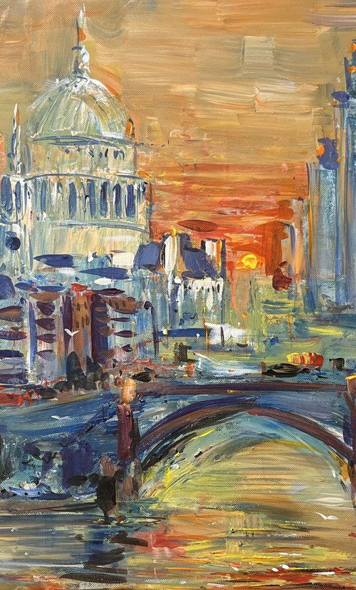 LONDON SUNRISE , abstract impressionist painting 70x100cm by Altin Furxhi