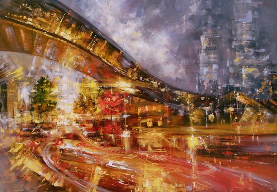 Fire Night - Cityscape Original Oil Painting on canvas 100 x 70 cm