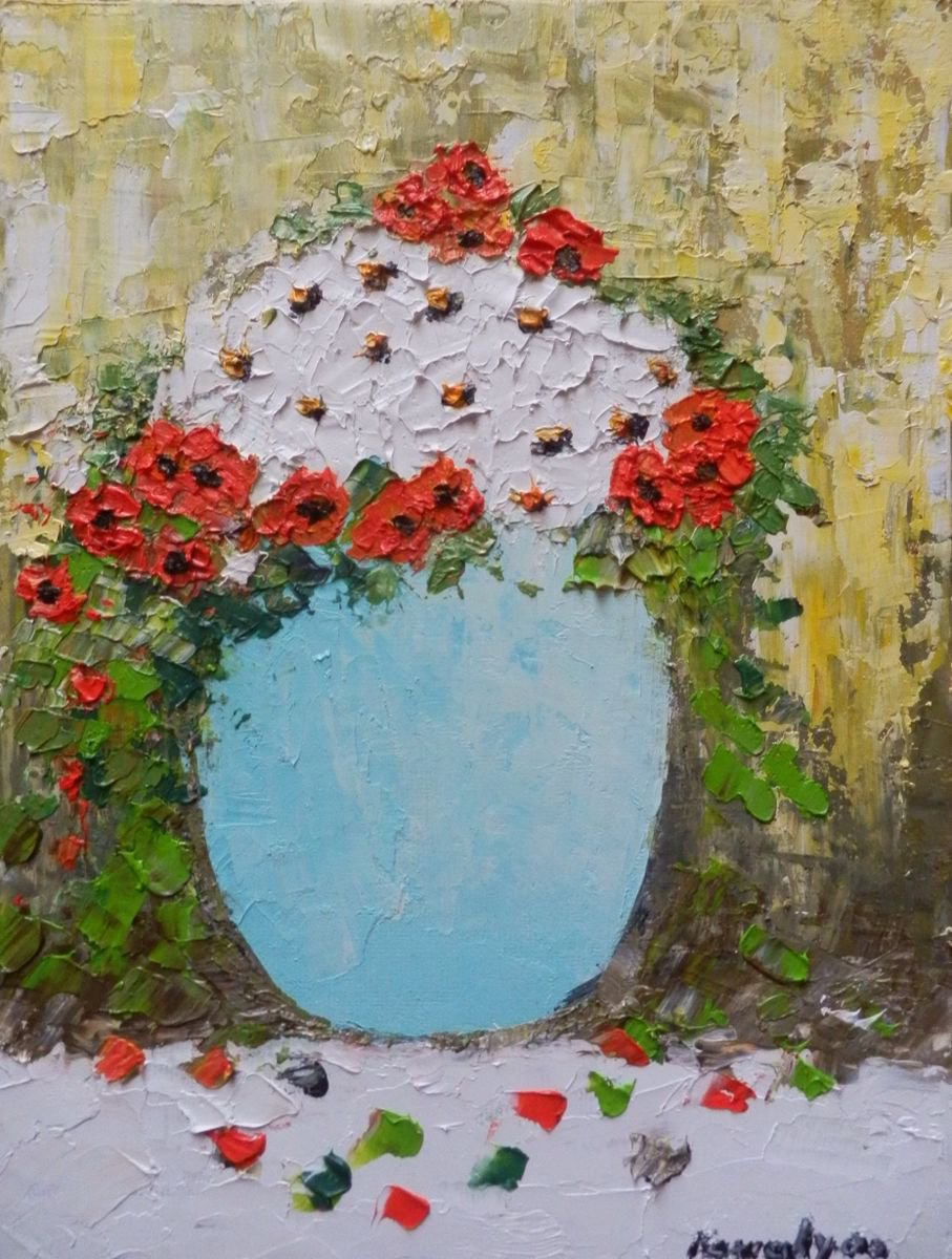 Red and white flowers in a blue vase by Maria Karalyos