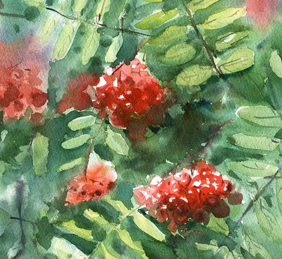 Red berries on tree original watercolor painting, red and green impressionistic artwork, still life