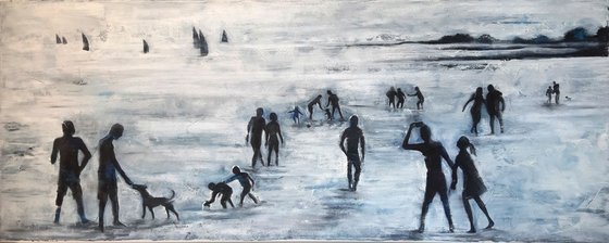 "Human. On the beach",  large oil painting, 100x40x3cm