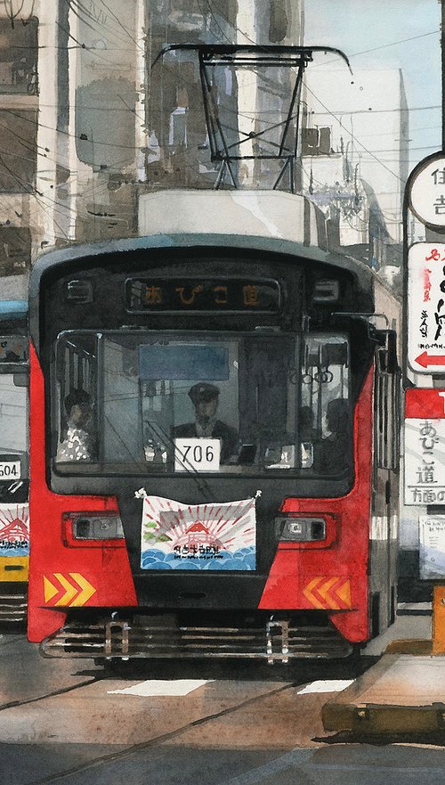 Two Trams at the Station by Masato Watanabe