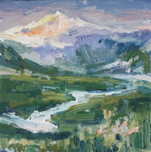 Oil painting Landscape Mountains River Sunset by Anna Shchapova