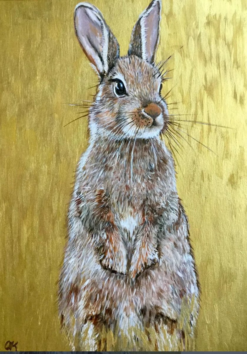 Impressionistic Animal Oil Painting By Olga Koval, 18 X 24", Golden Bunny 3, Original Artwork