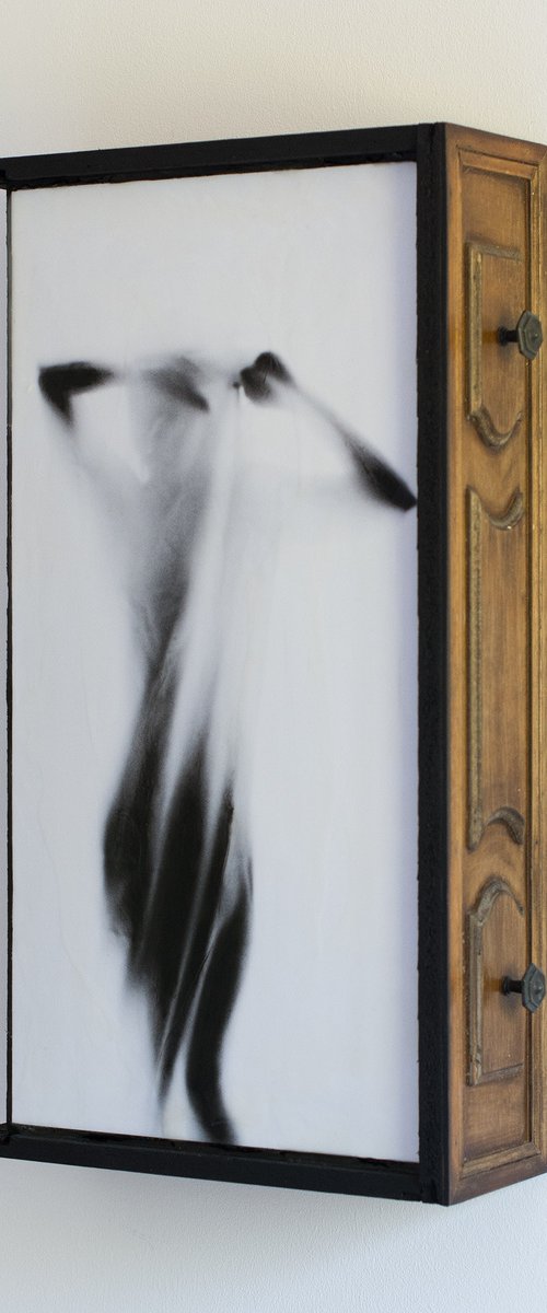 "Restless" (artwork on closet drawer) (64x35x14 cm) - Unique portrait on closet drawer (abstract, figurative, gold, original, resin, beeswax, painting, 3D, closet drawer, wood) by Rouzbeh Tahmassian