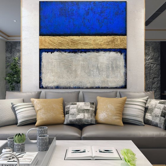 Out of the Blue - XL LARGE,  TEXTURED, GOLD LEAF ABSTRACT ART – EXPRESSIONS OF ENERGY AND LIGHT. READY TO HANG!