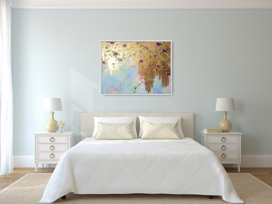 After dreams come true 80x60cm Large Contemporary Artwork with Gold Leaf and Flowers