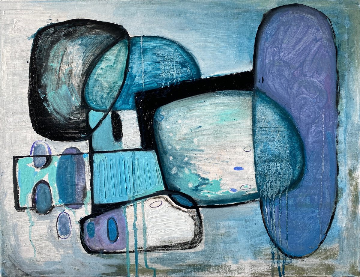 Geometric Abstract Oil Painting By Liubov Ro, 26 X 20", Blue Forms, Original Artwork