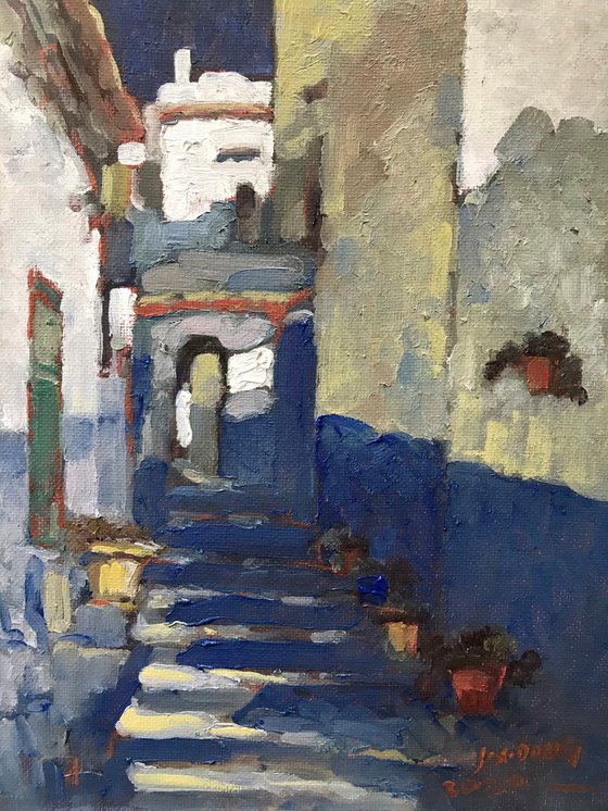 Original Oil Painting Wall Art Signed unframed Hand Made Jixiang Dong Canvas 25cm × 20cm Cityscape Street in Skiathos Greece Small Impressionism Impasto