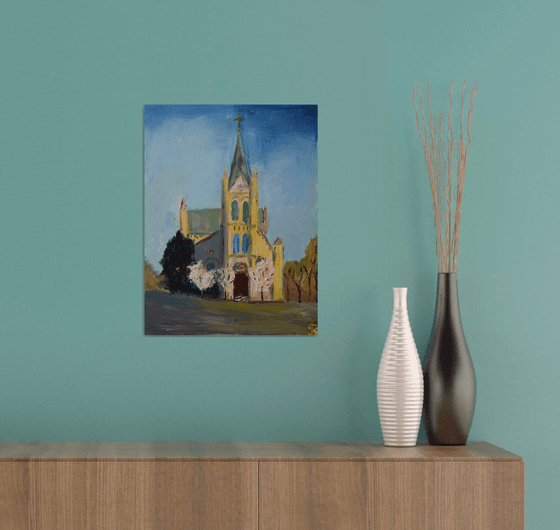 Oil painting Blossoming Church Blumental in Bratislava, Slovakia