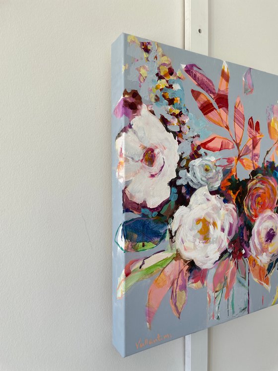SUMMERTIME - 40 X 50 CM - FLORAL PAINTING ON CANVAS * PINK *GREY *PURPLE