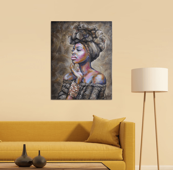 Painting portrait Gold of Africa, portrait of african woman