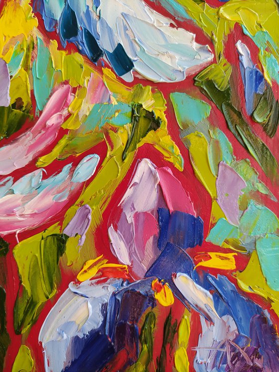 Dance in the garden - love, birds, hummingbird, love, irises, flowers, oil painting, irises flowers, gift idea